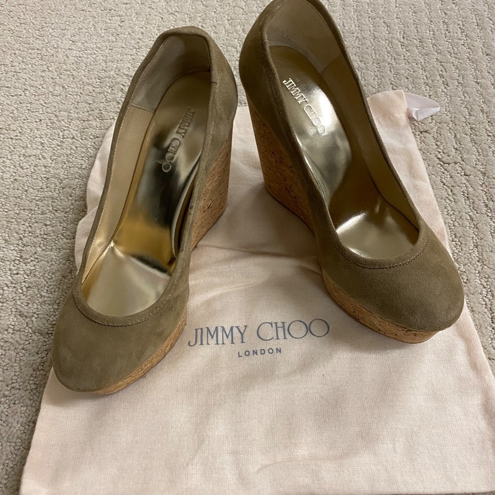 Jimmy Choo Tan Suede Papina Cork Wedge Platform